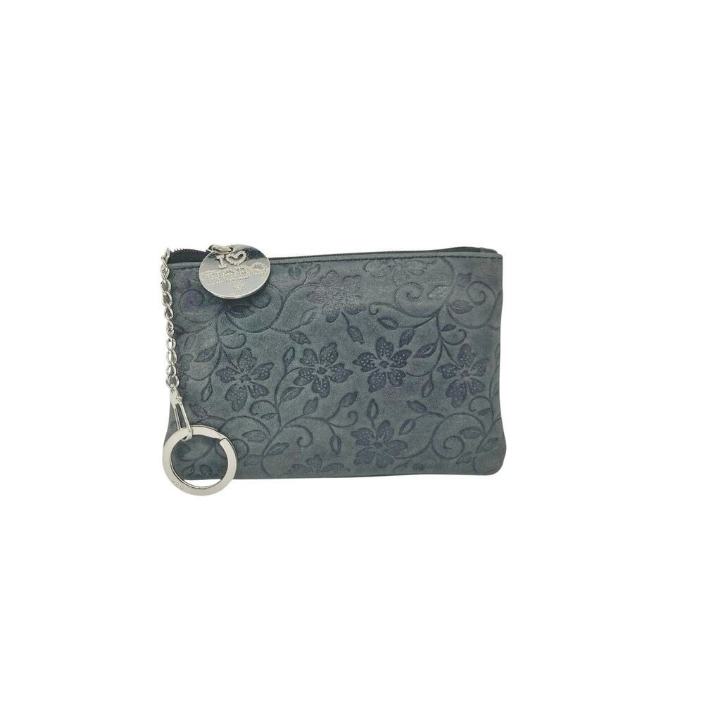 Vintage HOBO Gray Nubuck Floral Embossed Pouch | Rhinestone Charm Soft Y2K Mini